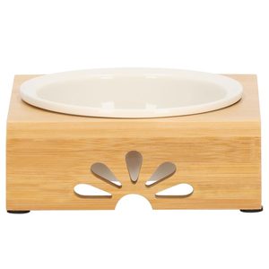 Castron ceramica, bol, pentru caine sau pisica, cu suport din bambus, 15cm