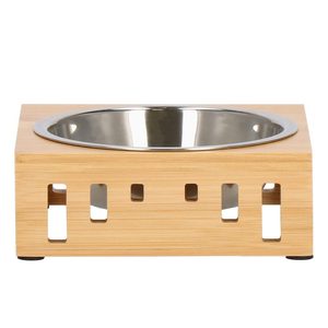 Castron inox, bol, pentru caine sau pisica, cu suport din bambus, 15cm