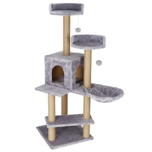 Ansamblu de joaca pentru pisici, cu loc pentru zgariat, ascuns, culcus, mingi, 129cm, gri