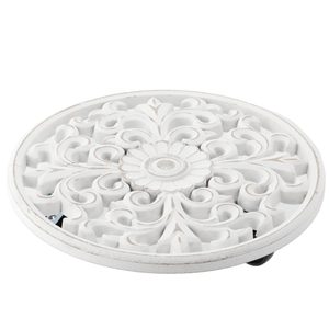 Suport ghiveci cu roti, rotund, din lemn, 30x30x7 cm, alb