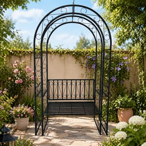 Pergola decorativa pentru gradina cu banca, suport plante cataratoare, structura otel, 130x48x238 cm, negru