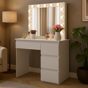 Masa de toaleta si machiaj Hollywood Pro, alba, cu 4 sertare, oglinda si 12 LED-uri, 94x43x140 cm