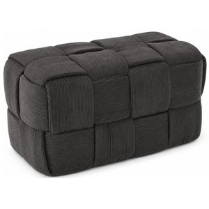 Taburet dreptunghiular tapitat cu material reiat, design impletit, 52x28x28 cm, gri inchis
