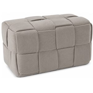 Taburet dreptunghiular tapitat cu material reiat, design impletit, 60x32x32 cm, gri deschis