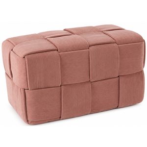 Taburet dreptunghiular tapitat cu material reiat, design impletit, 72x38x38 cm, roz
