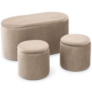 Set 3 tabureti cu spatiu de depozitare, design modern striat, 80x40x40 cm si 30x31 cm, bej