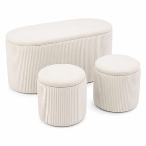 Set 3 tabureti cu spatiu de depozitare, design modern striat, 80x40x40 cm si 30x31 cm, alb