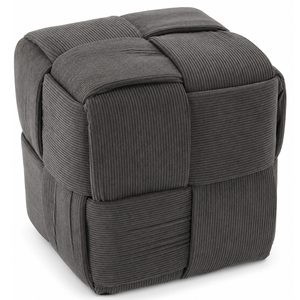 Taburet cub, tapitat cu material reiat, design impletit, 34x34x34 cm, gri
