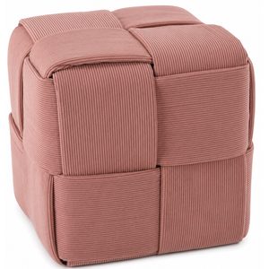 Taburet cub, tapitat cu material reiat, design impletit, 39x39x39 cm, roz
