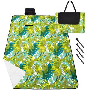 Patura pentru picnic sau plaja, cu folie izolatoare si maner, 200x200cm, model frunze, verde