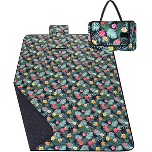 Patura pentru picnic sau plaja, cu folie izolatoare si maner, 150x200cm, negru floral