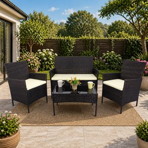 Set mobilier gradina 4 locuri, canapea 2 locuri, 2 fotolii si masa de sticla, tehnoratan, maro si crem