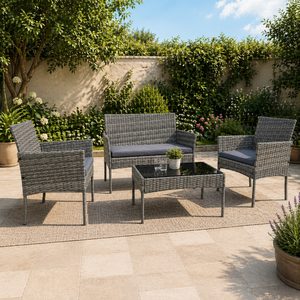 Set mobilier gradina 4 piese, canapea 2 locuri, 2 scaune si masa sticla, perne incluse, ratan sintetic, gri