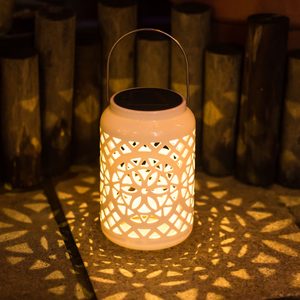 Felinar decorativ solar, LED, pentru exterior, 12x12x18.5cm, alb
