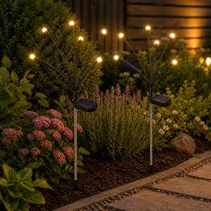 Set 2 lampi solare pentru gradina, model licurici cu miscare la adierea vantului, 6 LED-uri alb cald, 70 cm, negru