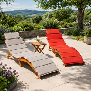 Set 2 sezlonguri pliabile cu masa, perne reversibile de culoare rosu sau gri, lemn de salcam, 180x54x63 cm, maro