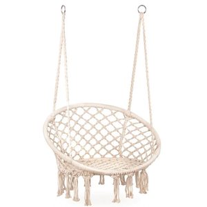 Scaun rotund tip leagan suspendat pentru casa sau gradina, cu franjuri, 150kg, crem