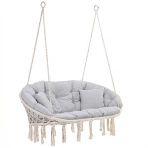 Scaun dublu tip leagan suspendat pentru casa sau gradina, cu perne, stil boho, 130x66x120 cm, maxim 300 kg, crem si gri