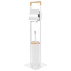 Stand cu perie WC si suport hartie igienica, metal si bambus, 76cm, alb perla