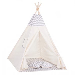 Cort copii Sersimo stil indian Teepee Tent cu fereastra, covoras gros si 2 perne, alb gri deschis zig zag