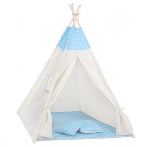 Cort de joaca pentru copii tip teepee, cu saltea si 2 perne, 120x100 cm, model albastru cu stelute