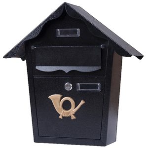 Cutie postala eleganta din metal negru, design clasic cu emblema aurie, rezistenta la intemperii, 38x38x10cm