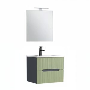 Trent mobilier de baie 60 cm chiuvetă ceramică (2 sertare) cu oglindă 60x80 cm gri antracit-verde fistic