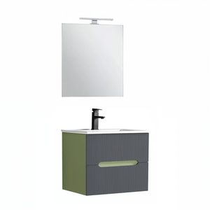 Trent mobilier de baie 60 cm chiuvetă ceramică (2 sertare) cu oglindă 60x80 cm verde fistic-gri antracit