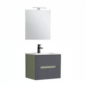 Trent mobilier de baie 60 cm chiuvetă ceramică (2 sertare) cu oglindă 60x80 cm verde măslin-gri antracit