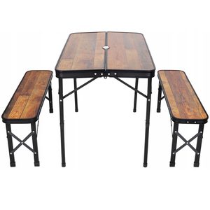 Set mobilier de camping pliabil, masa cu 2 banci, structura otel cu blat MDF, 90x60cm, maro