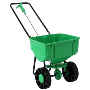 Distribuitor manual pentru seminte, ingrasamant sau sare, rezervor 27 L, roti mari, cadru metalic, 100x48x69 cm